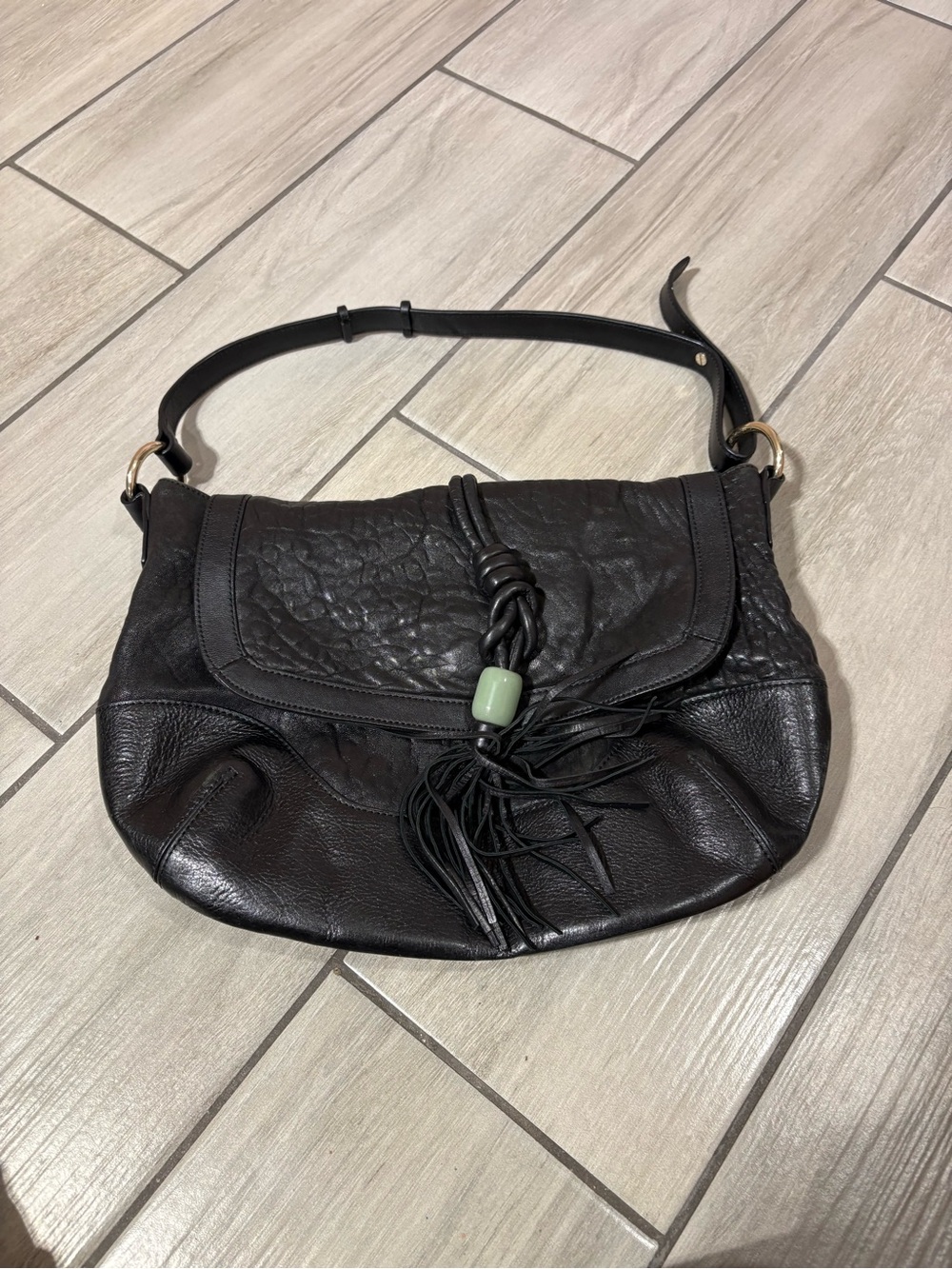Black Leather Shoulder Bag with Decorative Tassel Shanghai Tang bag